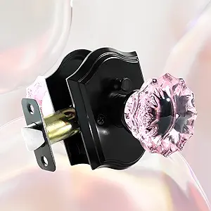 Crystal Door Knobs, Pink Black Glass Door Knobs Interior Rose Shape with Lock Privacy Function, Vintage Antique for Bedroom Bathroom