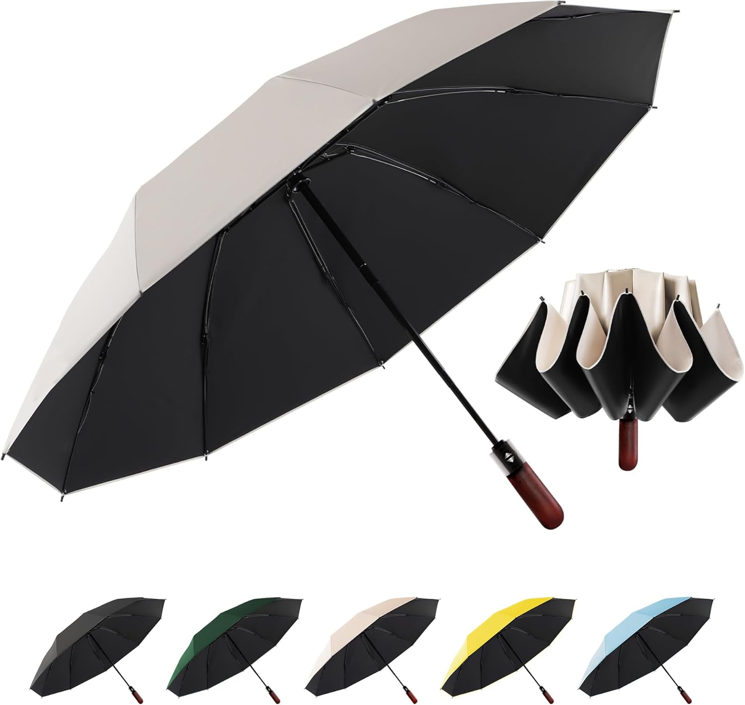 Windproof Portable Folding Umbrella 10 Ribs Double Glass Fibre Windproof Frame Automatic Opening and Closing Umbrella For Men Wood Handle British Style
