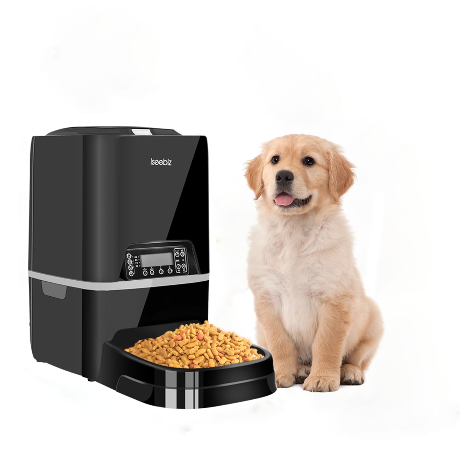Iseebiz 自動給餌器 猫 犬 ペット 自動 餌やり機 中小型犬用 5L大容量 自動餌遣り器 2way給電 タイマー式 定時定量 1日4食 ペットフィーダー お手入れ簡単 音声録音機能 給餌器 留守番対策 ホワイト (黒)