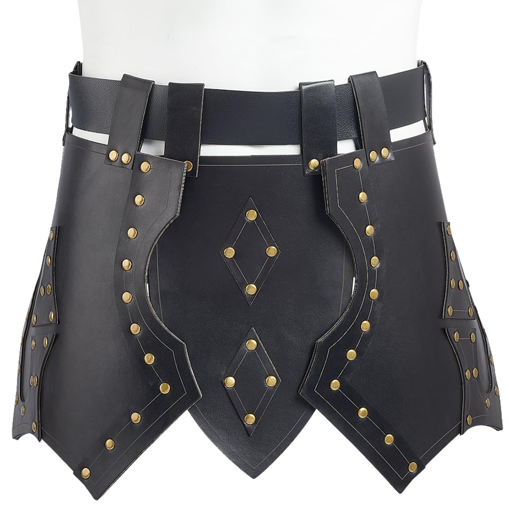 GORGECRAFT Medieval Waist Armor Skirt 3Pcs/ Set Black Faux Leather Viking Knight Armor Skirt Without Belt Black Renaissance PU Leather Thigh Guard Sheet for LARP Halloween Cosplay Costume Accessories
