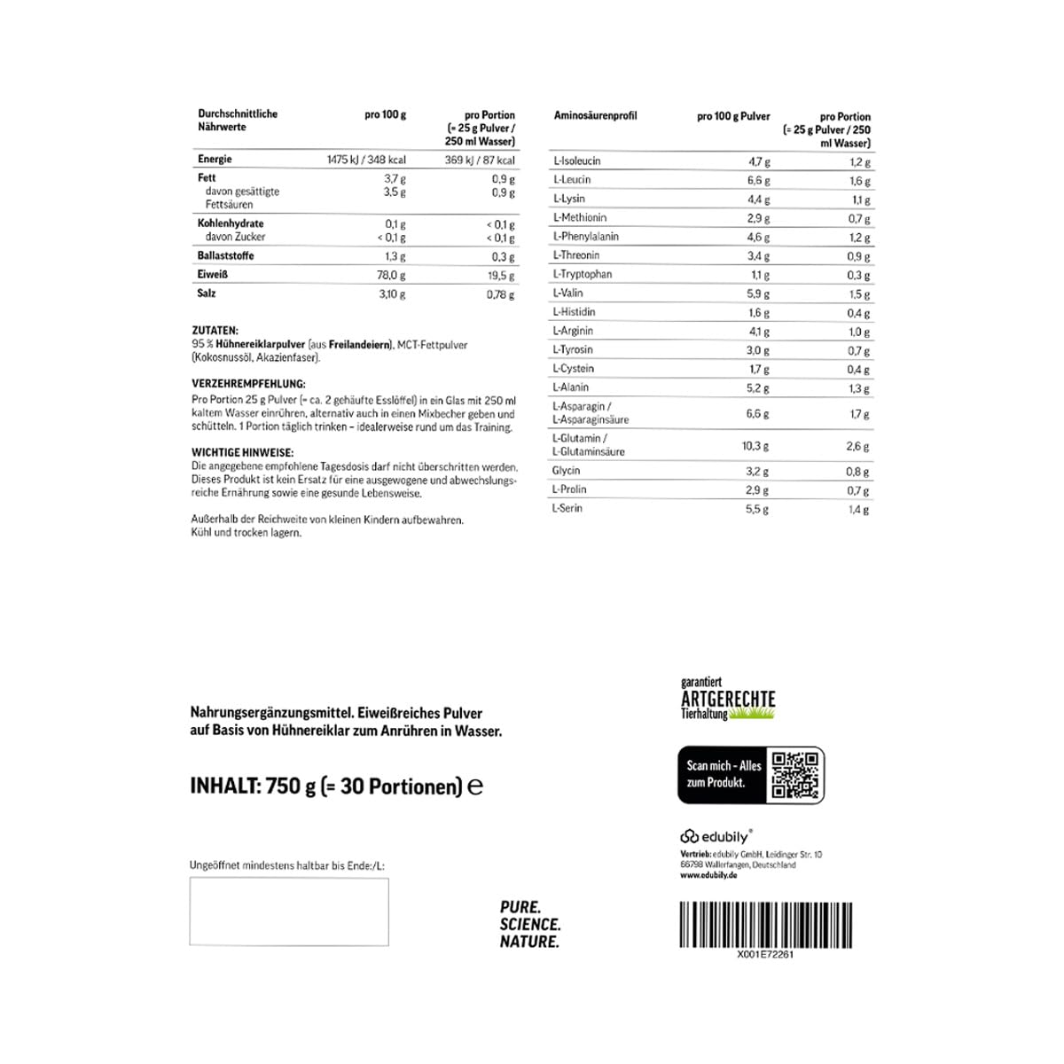 edubily® Eiklar Protein Pulver aus Freilandhaltung - Premium Eiweißpulver ohne Milch - Laborgeprüft (750 g, Ohne Aroma)