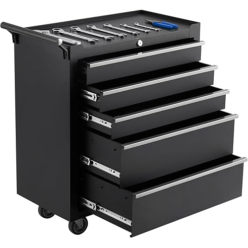 IDEALHOUSE Rolling Tool Chest, 5 Drawers Tool Storage Cabinet, Toolbox with Wheels, Portable Tool Cabinet Organizer with Locking System & Drawer Liners, Tool Storage Cart for Garage, Workshop, Black
