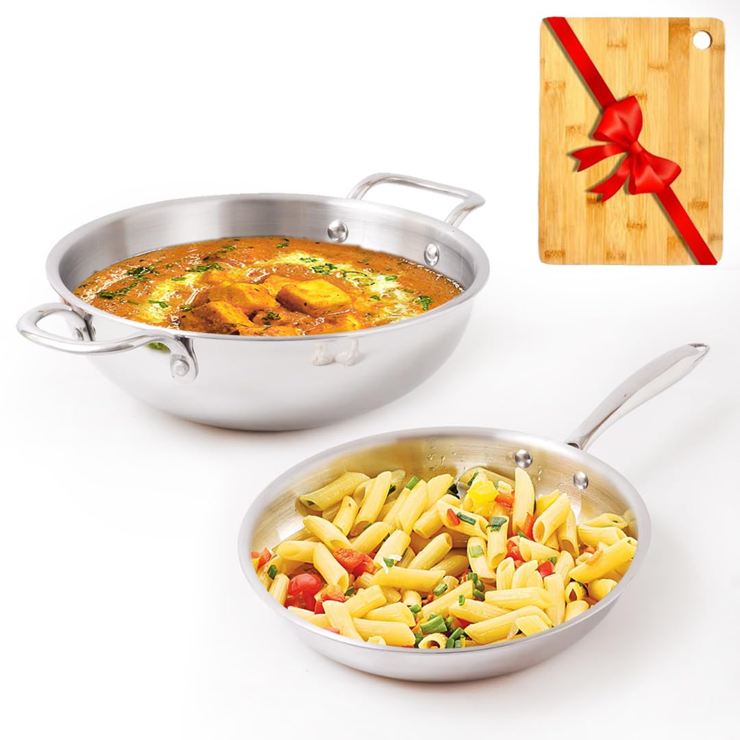 The Indus Valley Triply Stainless Steel Cookware Set with Free Chopping Board | Kadai (23.4 cm) + Fry Pan (24 cm) | Induction Friendly | Nonstick 3-Layer Body, 100% Pure & Toxin-Free