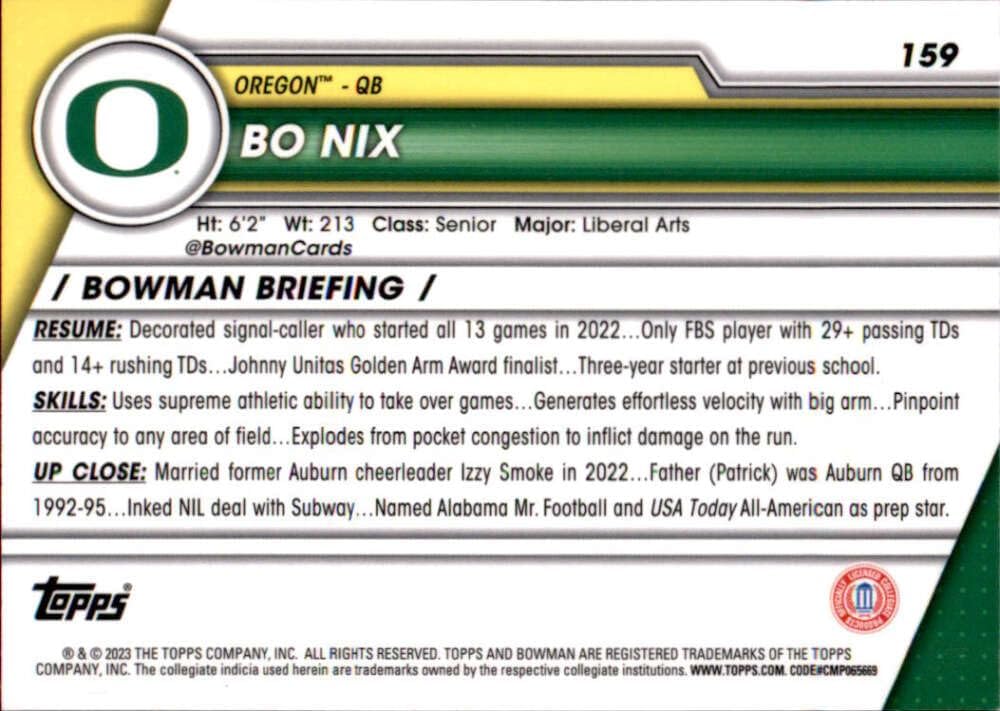 2023 Bowman University Chrome #159 Bo Nix Oregon Ducks Football Card - Sportscard Superstore