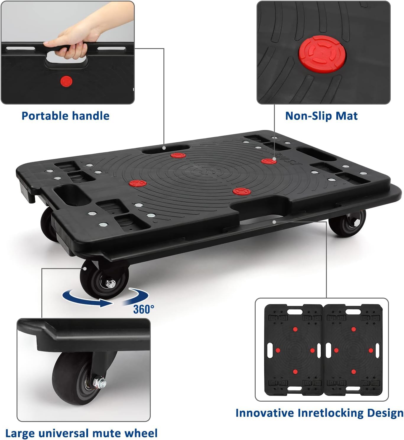 Transportroller 60 x 40 cm, 200 kg Tragkraft, Flacher Möbelroller mit Rädern, Tragbare rollbretter Transport für schwere Möbel, Schwarz