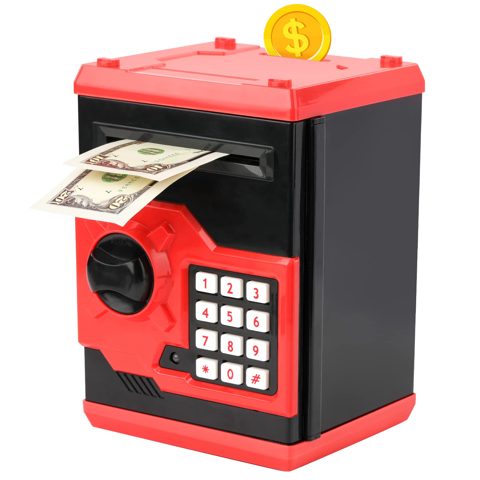 ATM Piggy Bank for Boys Girls, Vcertcpl Mini ATM Coin Bank Money Saving Box with Password, Kids Safe Money Jar for Adults with Auto Grab Bill Slot, Great Gift Toy Bank for Kids (Red+Black)