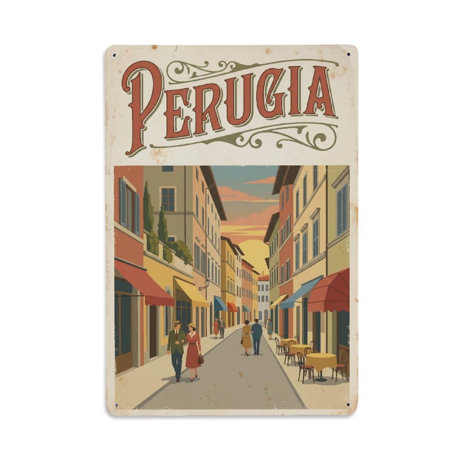 Vintage Travel Perugia Via Oberdan Street Italy Metal Tin Sign Plaque Wall Decor for Cafe, Club Bar, Office, Home Garden Metal Poster 8x12Inch