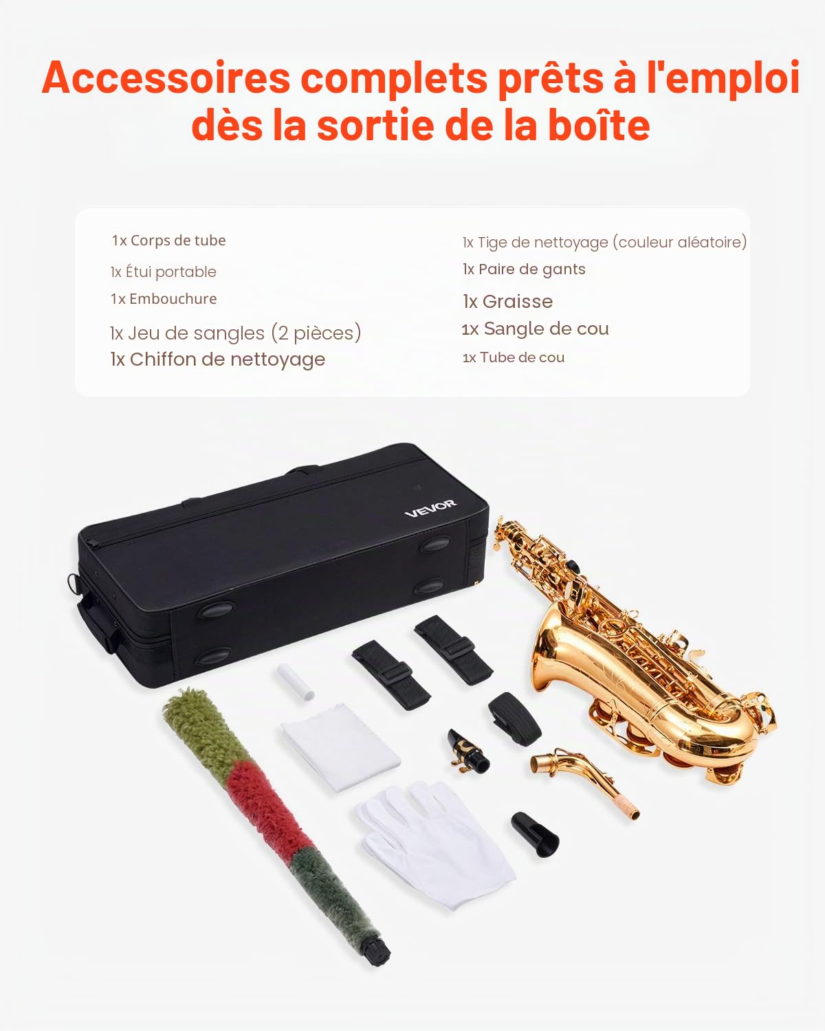 VEVOR Saxophone Alto Mi Bémol Kit Saxophone Débutants en Laiton Résistant avec Étui de Transport, Bec, Sangles, Chiffon de Nettoyage, Gants, Sangle de Cou, 23 Touches, pour Débutants, Étudiants, Doré