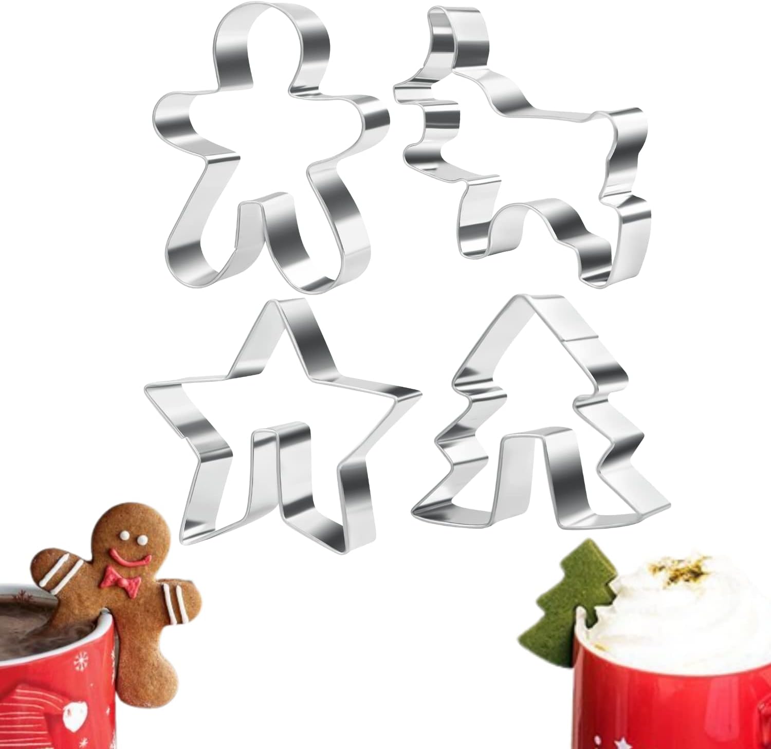 Crethinkaty 4 Pcs Christmas Stainless Steel Hanging Cup Cookie Cutter Over the Edge Mug Rim Biscuit Mould DIY Cake Decoration