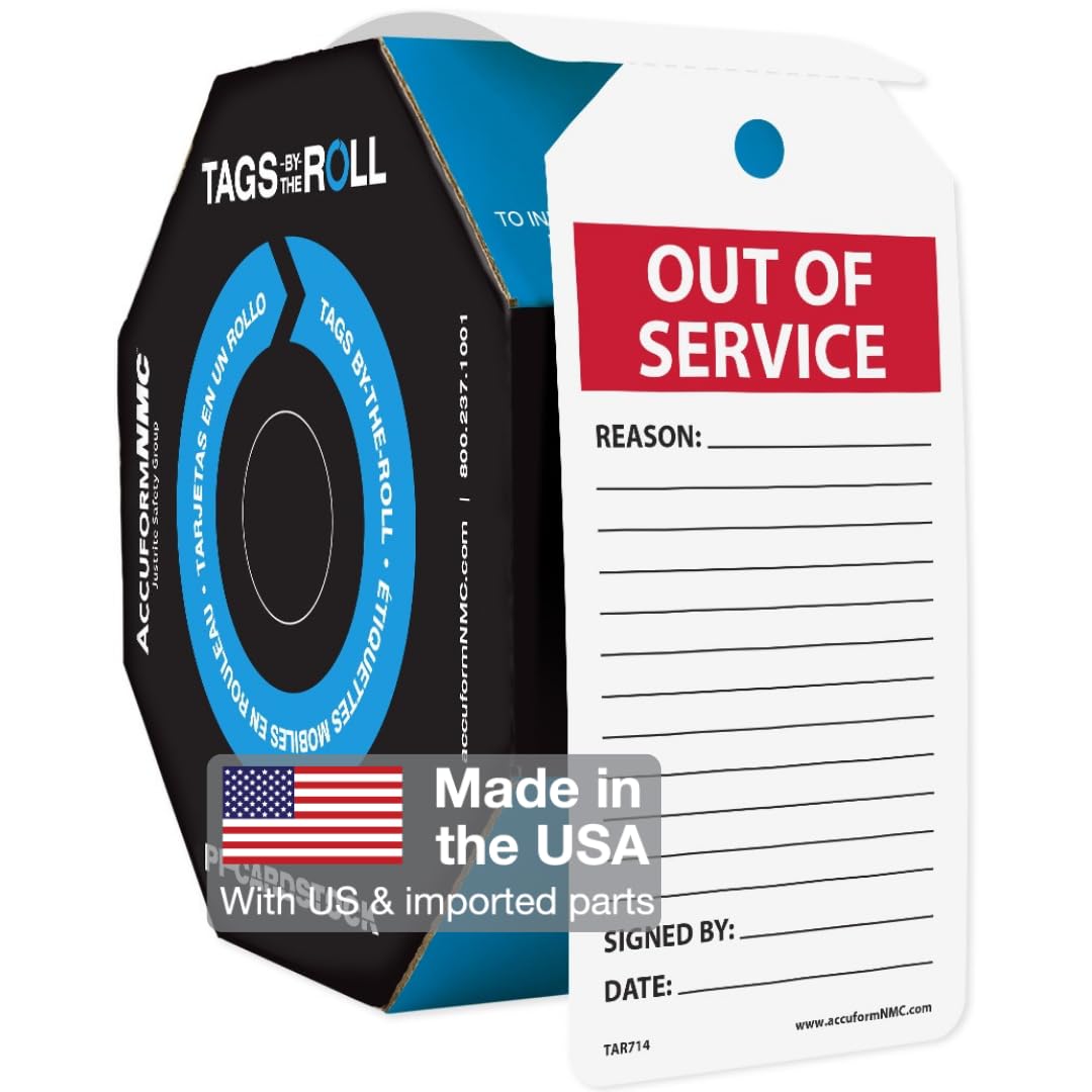 AccuformNMC NMC 100 Status Record Tags by-The-Roll, Out of Service, OSHA Compliant Tags, Waterproof PF-Cardstock, Resists Tears, 6.25"x3", TAR714,
