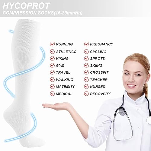 Vista 3 de HYCOPROT Calcetines de compresión para mujeres y hombres (3 pares) de 15-20 mmHg para atletismo, correr, enfermeras, embarazo, viajes Blanco