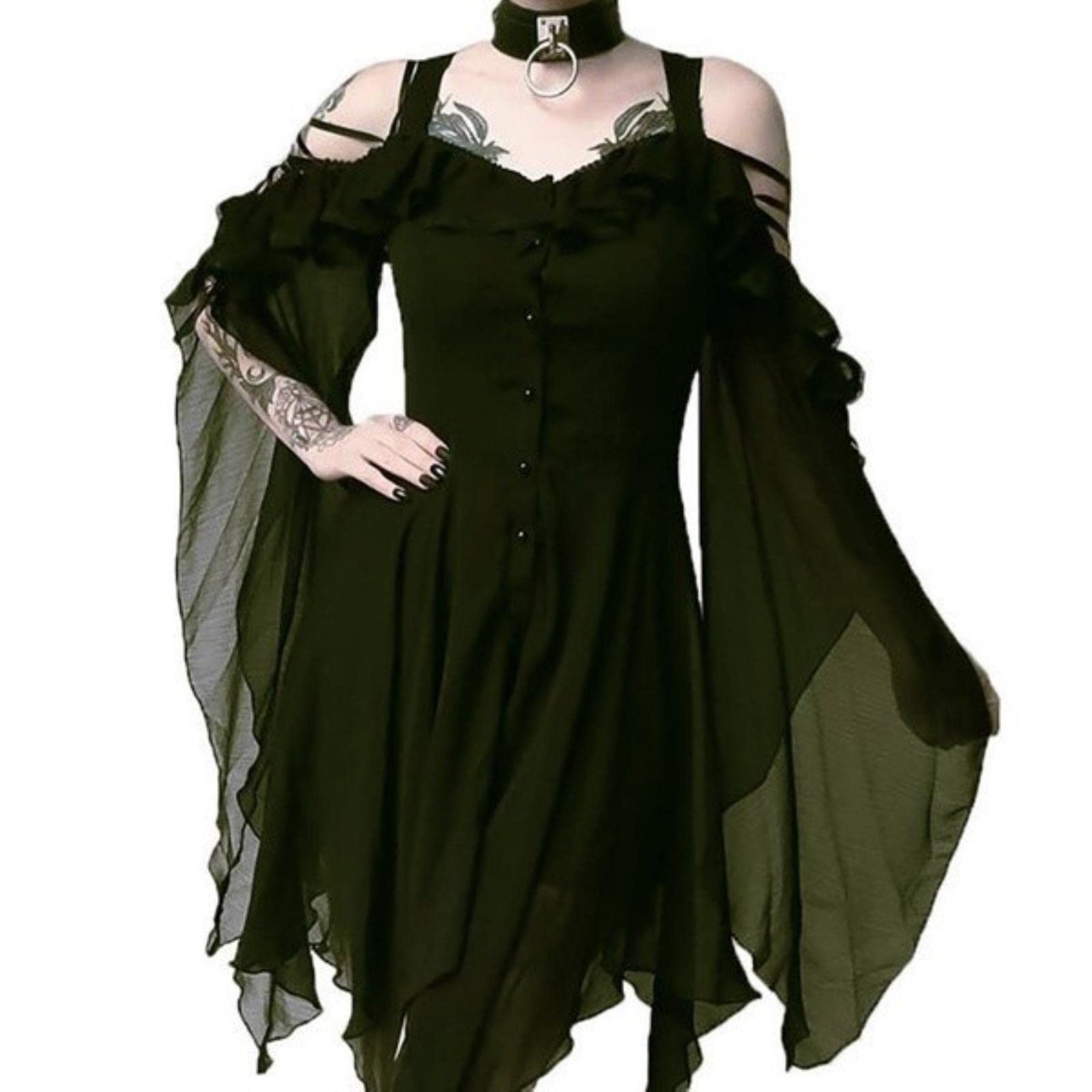 Wszjln Women's Green Retro Gothic Witch Sexy Dress Hollow Out Lace Up High Waist Ruffle Bat Sleeve Dress Off Shoulder Goth Midi Irregular Dress-,5Xl