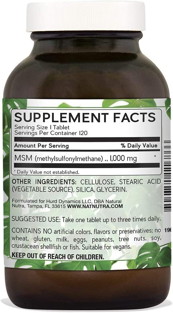 Natural Nutra OptiMSM with Methylsulfonylmethane, Pure MSM Supplement with Sulfur, Prevent Thinning Hair, Wrinkles, Increase Joint Flexibility and Bone Health, 1000 mg, 60 Vegan Tablets : Health & Household