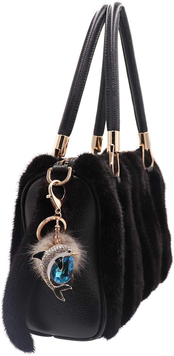 surell Genuine Mink Fur Dolphin Keychain - Cute Sparkly Pompom Sea Animal Accessory - Fluffy Fur with Keyring - Image 2