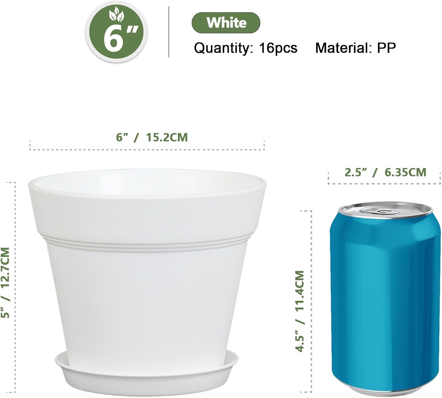 Meowell 6 inch Plastic Nursery Pots, 16 Pack Plant Pots for Indoor Outdoor Plants, Flower Pots with Drainage Holes and Saucers, Decorative Seedling Starter Planters for House Plants, White