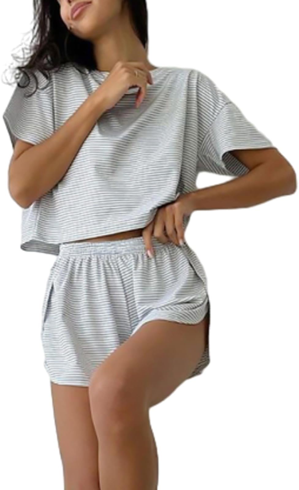 CenbiniSplit Short Pajama Set, Striped Shorts Set, Women's Two Piece Striped Print Drop Shoulder Tee for Women