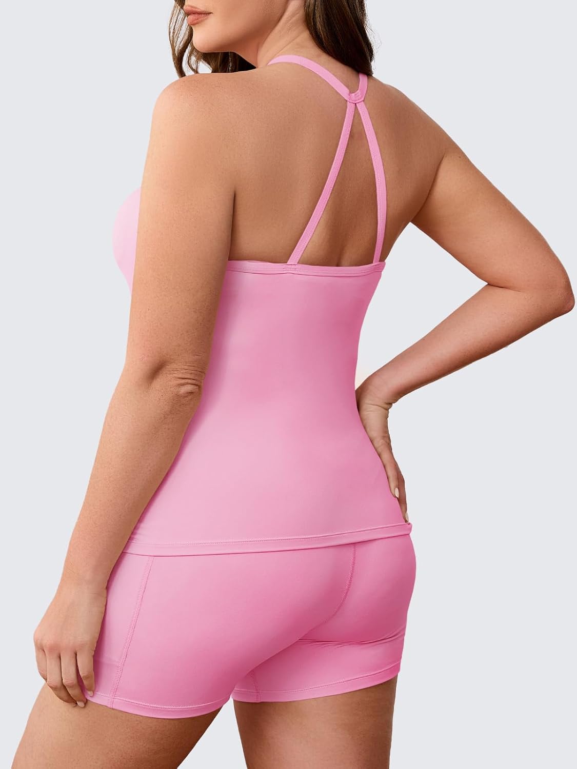 Aoysky Women Buttery Soft Plus Size Workout 2 Piece Sets Halter Tank Tops High Waisted Biker Shorts Outfits