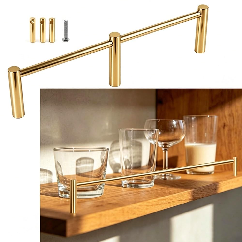 SVBVRFEEW Cabinet Guard Rails Bookshelf Rail Fence Set Stainless Steel Decorative Rod Gallery Railing Anti-Tipping Bar for Floating Shelf 1 Pack 3 Pack(Gold(1PCS),110cm/43.3in)