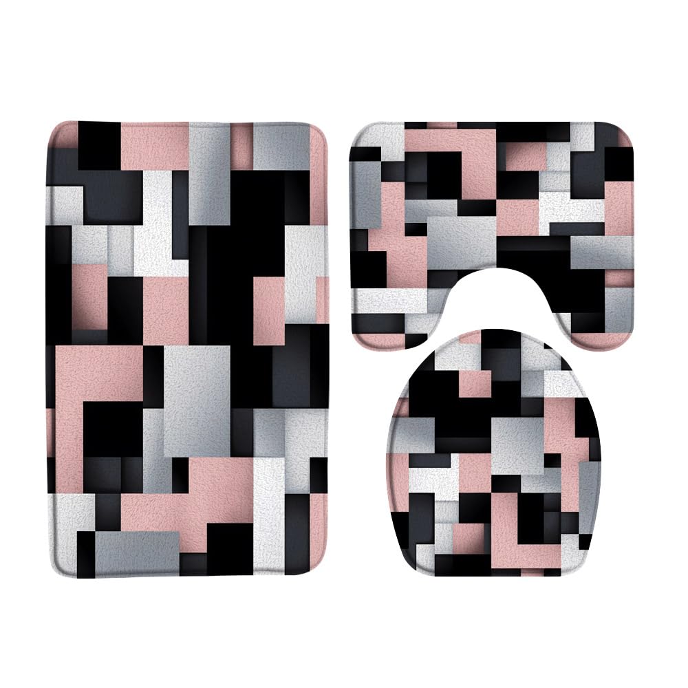 3PCS Pink Gray Geometric Bath Mat Set Black White Modern Abstract Geometry Squares Mid Century Simple Bathroom Kitchen Floor Mat Doormat,Toilet Lid