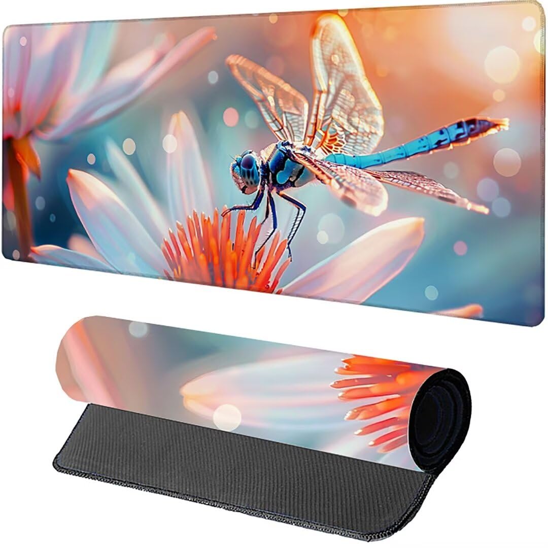 Tappetino rettangolare esteso 1200 x 600 x 3mm per mouse da gioco, Base in Gomma Antiscivolo, idrorente, resistente con cuciture anti-sfilacciamento Bianco Libellula