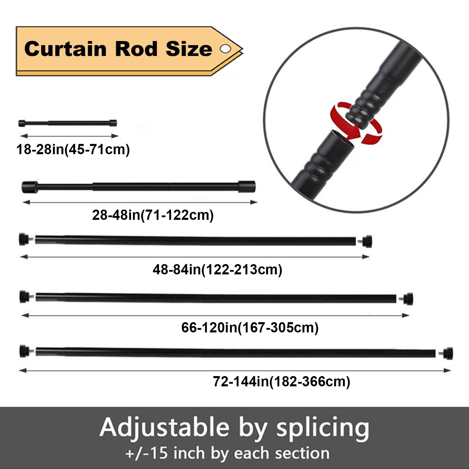 Tringles À Rideaux Robustes pour Fenêtres Tringle À Rideau de Fenêtre À Longueur Réglable avec Embout Style Tringle À Rideau en Acier Au Carbone Noir de 25.0 mm Diamètre(48-84 in(122-213 cm))
