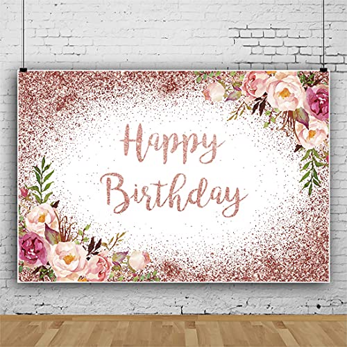 Happy Birthday Backdrop, 7x5ft Vinyl Rose Gold Shining Birthday Background, Floral Theme Birthday Party Backdrop, Sweet Princess Girl Birthday Portrait Photo Background Cake Table Decor by Canessioa - Used condition - Image 4