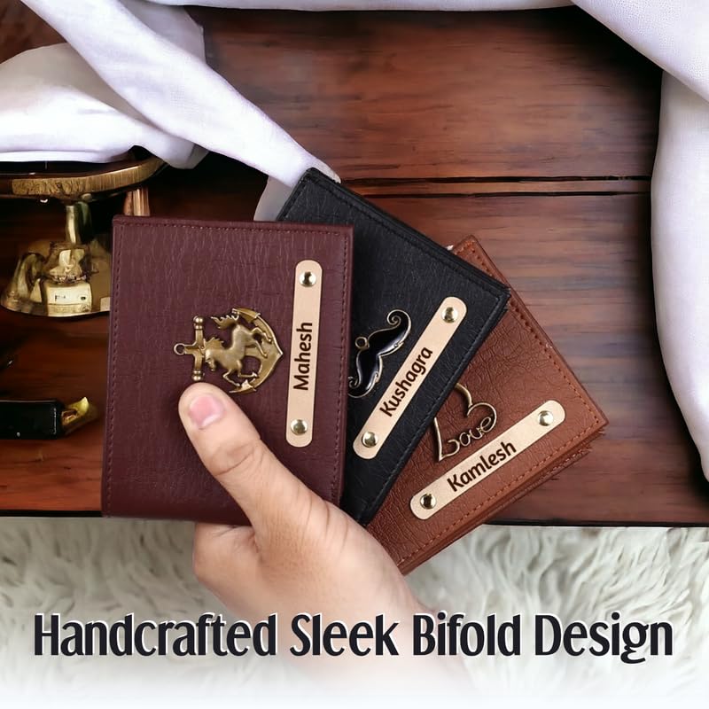 Image of Personalized Leather Wallet for Men - Brown Customized Wallet with Name & Charm | Gift for Boys, Husband, Brother | Slim PU Purse for Everyday Use
