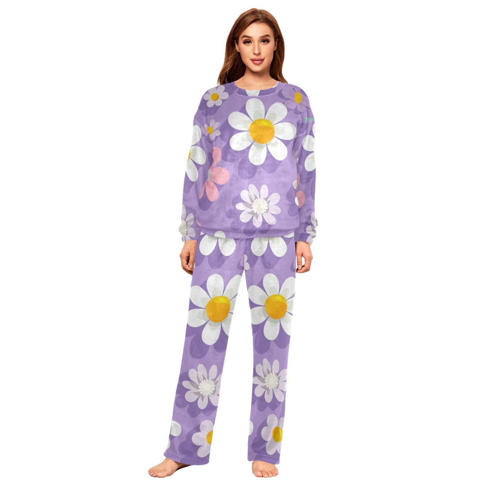 Viola Floreali Colorati Daisy Morbido Donne Pile Pigiama Set Manica Lunga Pjs Lounge Set con Tasche