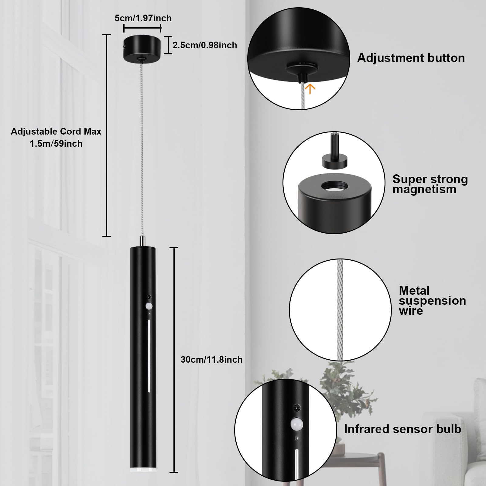 2er Hängelampe mit Batterie 5000 mAh Akku Pendelleuchte mit Fernbedienung Hängeleuchte Ohne Strom Dimmbar Schwarz Lampen Hängend mit Bewegungsmelder für Küchenlampe Schlafzimmer Wohnzimmer