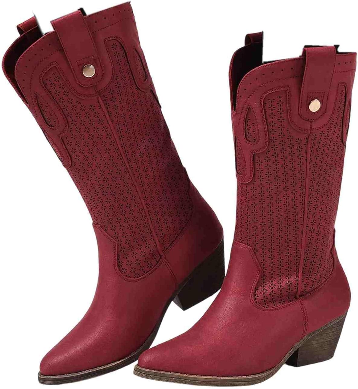 Women's Western Cowboy Boots Mid Calf Pointed Toe Booties with Perforated Design Pull-On Dress Wedding Block Heeled Boots
