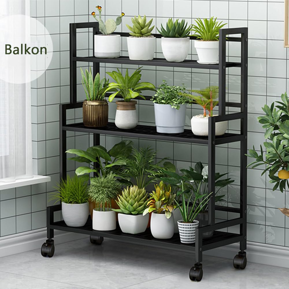 Pflanzenständer Blumenständer, 3 Etagen Metall Pflanzenregal mit 4 Rollen | Pflanzentreppe, Blumentopf Topfhalter, Multifunktionales Pflanzenregal für Outdoor Indoor Balkon, Garten, Wohnzimmer