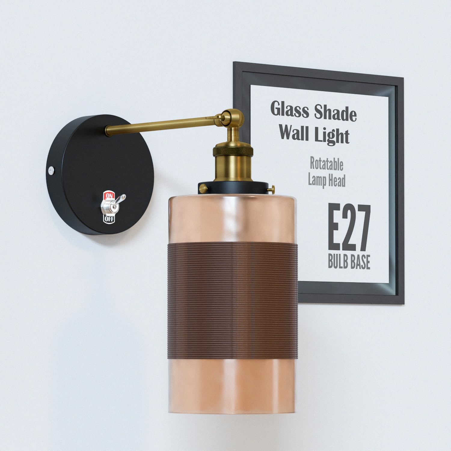 DC VOLTAGE Vintage Brass Wall Light with Adjustable Arm White and Brown Glass Shade On/Off Switch Wall Lighting Fixtures Industrial Wall Sconce for Bedroom Living Room Office