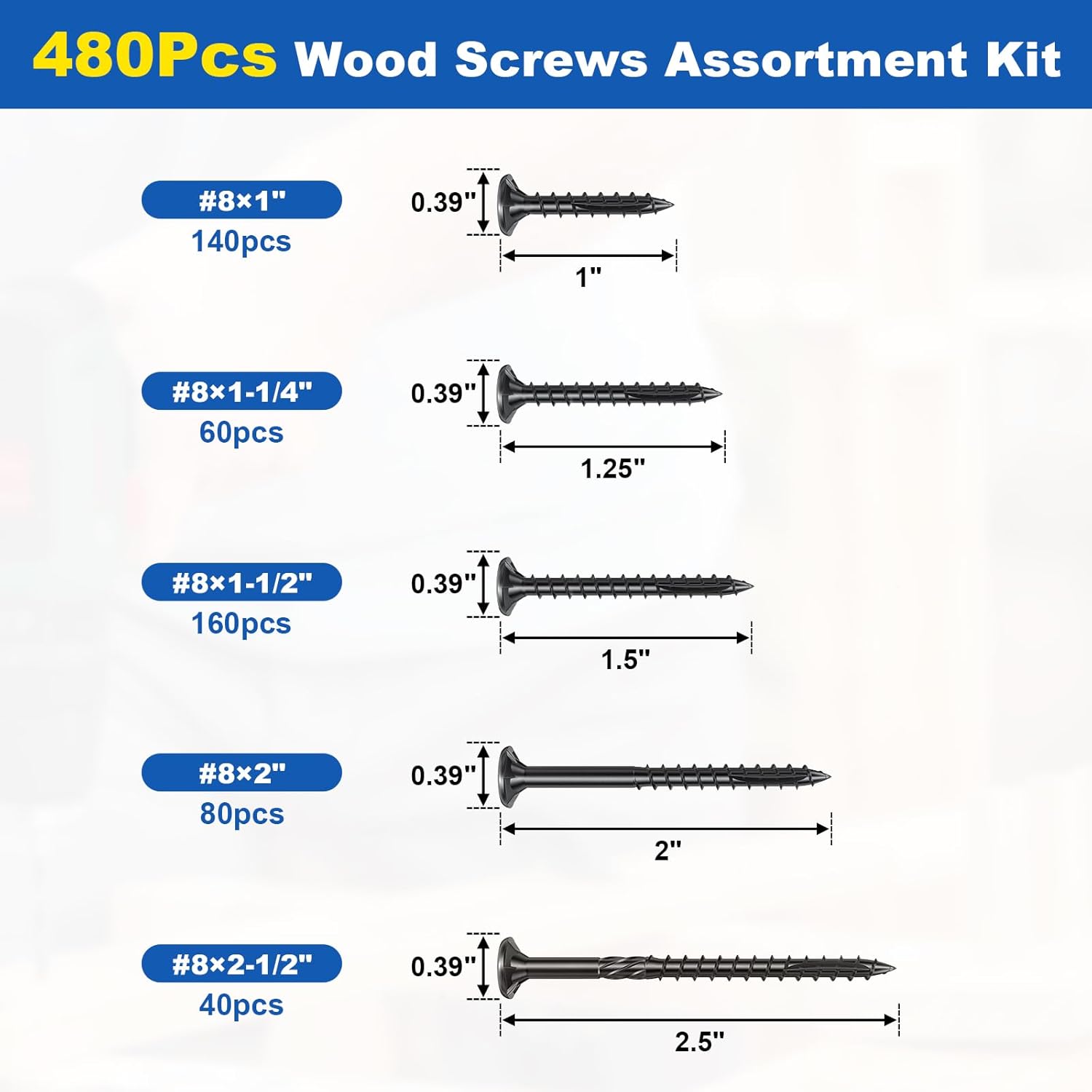 480Pcs Deck Screws, #8 Wood Screws Assortment Kit, 5Sizes Assorted Screw Set, Rust Resistant Torx Screws with Flat Head, Black Screw Kit for Woodworking Projects, Star Bit Included