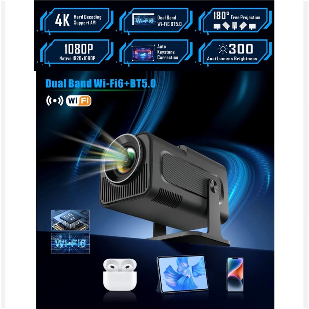 Full HD 1080P Home Theater Video Proiettore Mini Proiettore Portatile per Film Esterni, Proiettore Da Soffitto Auto Keystone per Smartphone