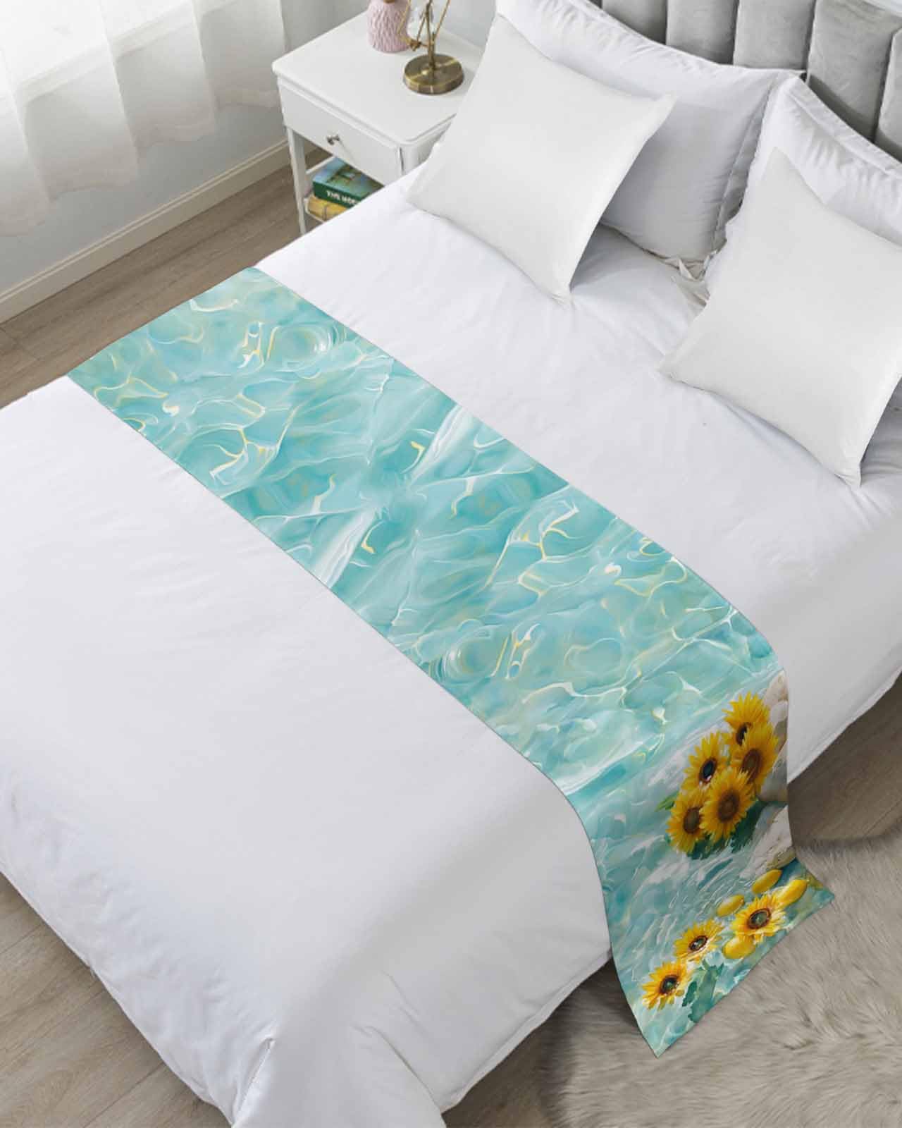 Twin Bed Runner Gradient Lake Summer Sunflower Bedding Runner Scarves Decorative Bed Scarf, Watercolor Lemon Ripple Soft Bedding Scarf for Bedroom Hotel Wedding 71x20in