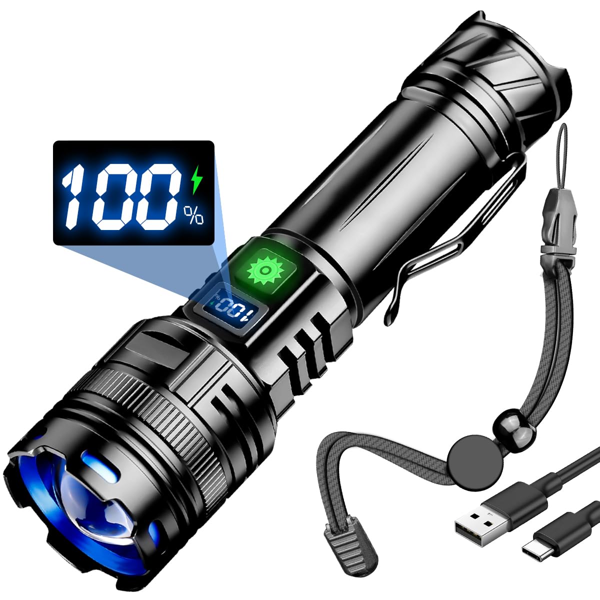 WholeFireRechargeable Flashlight Torch, 20W LED Flashlights with Clip and LCD Display, 1000000 Lumen Super Bright Portable Torch Ajustable Focus Waterproof Battery Powered for Camping Emergency