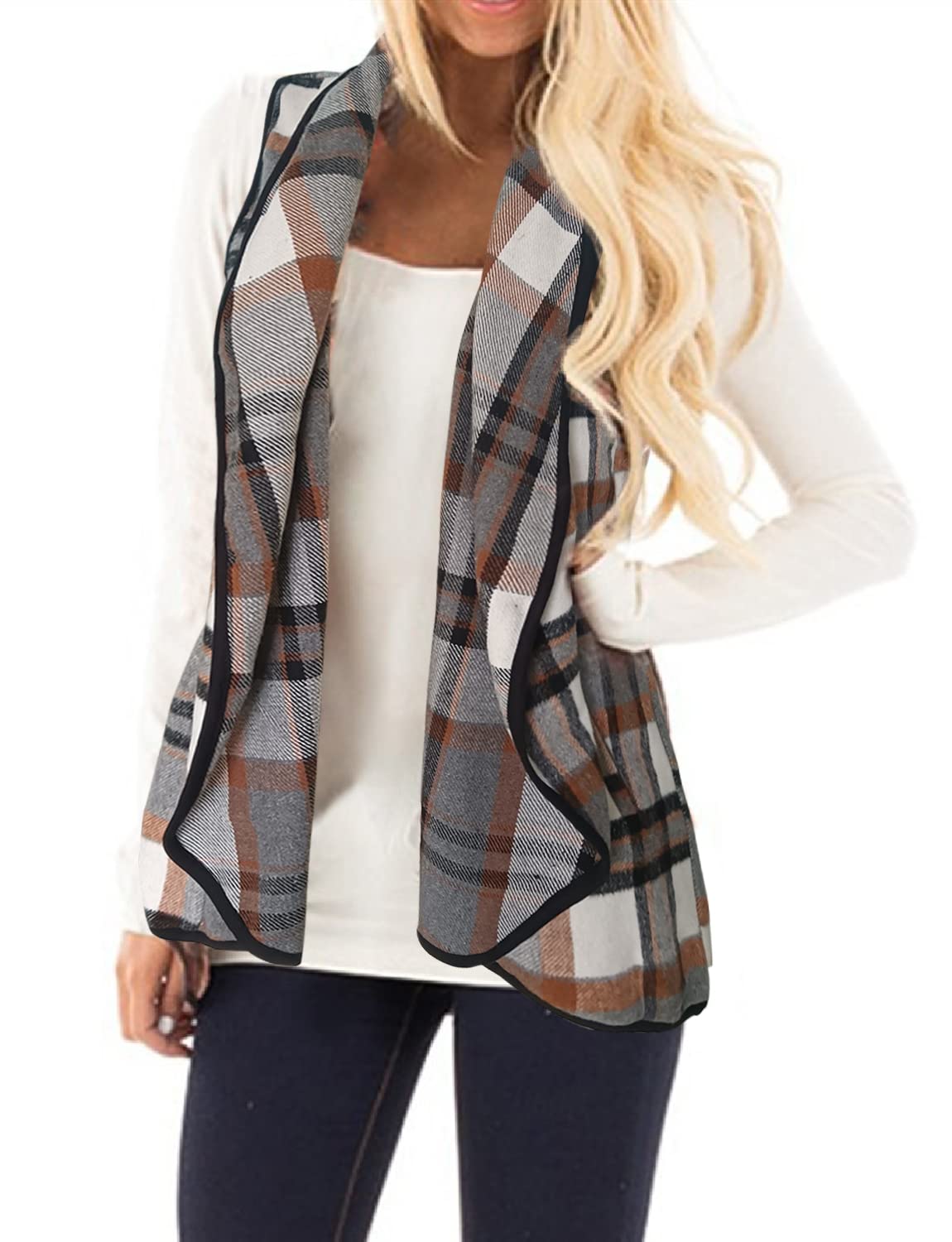 YACUN Women Plaid Vest Lapel Open Front Sleeveless Cardigan