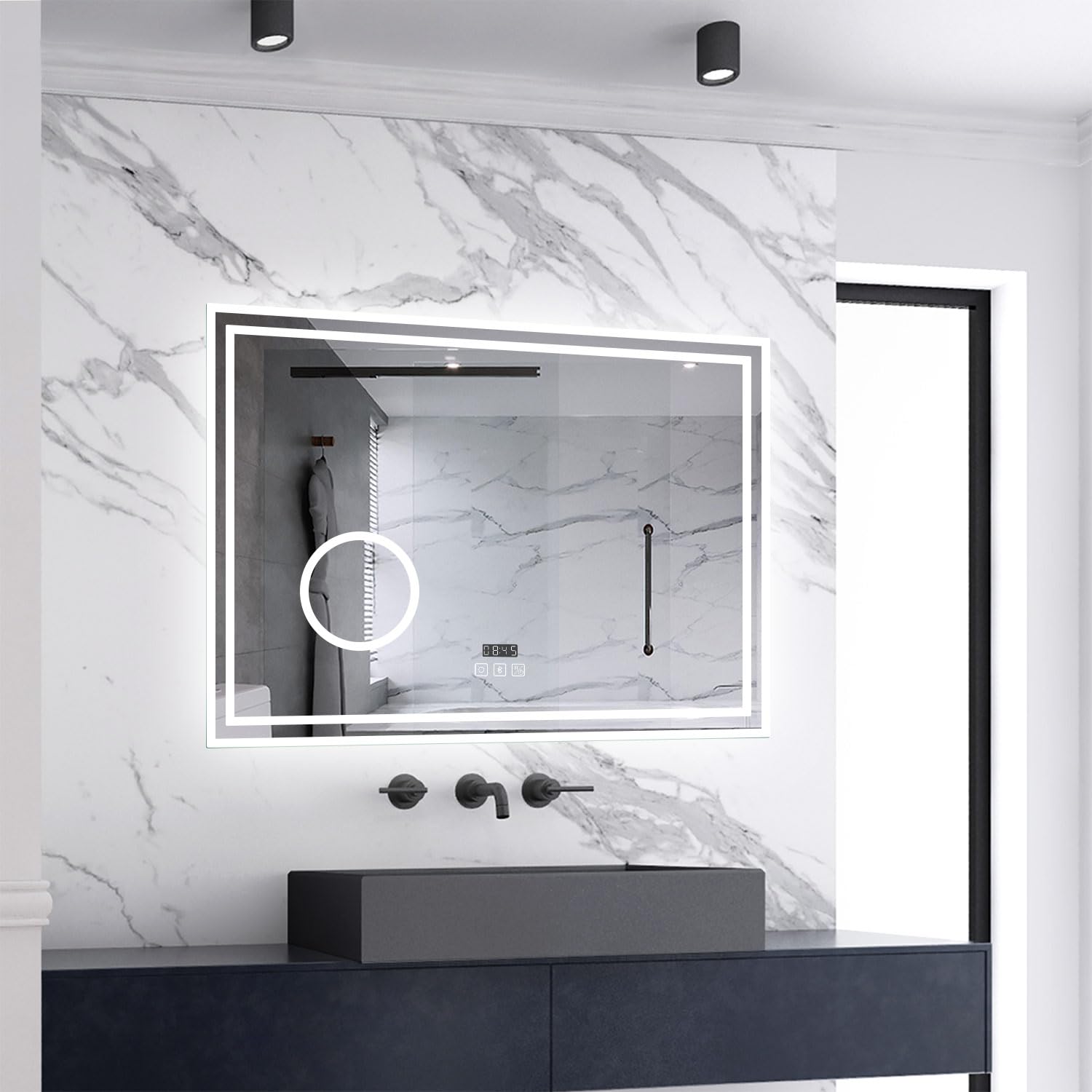 Skybathroom 800x600mm LED Illuminated Bathroom Mirror with Bluetooth and 3x Magnifier,Digital LED Clock,3 LED Colors,Dimming and memory Function,Fogless