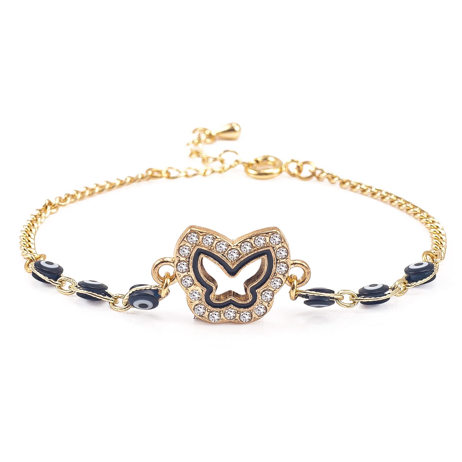EFFAN Blue Evil Eye Dainty Butterfly Charm Link Bracelets for Women Girls, 14K Gold Plated Cute Blue Eye Beaded Amulet Bracelet for Protection and Luck Gold Silver, 18 cm, Brass, Zircon Gemstone