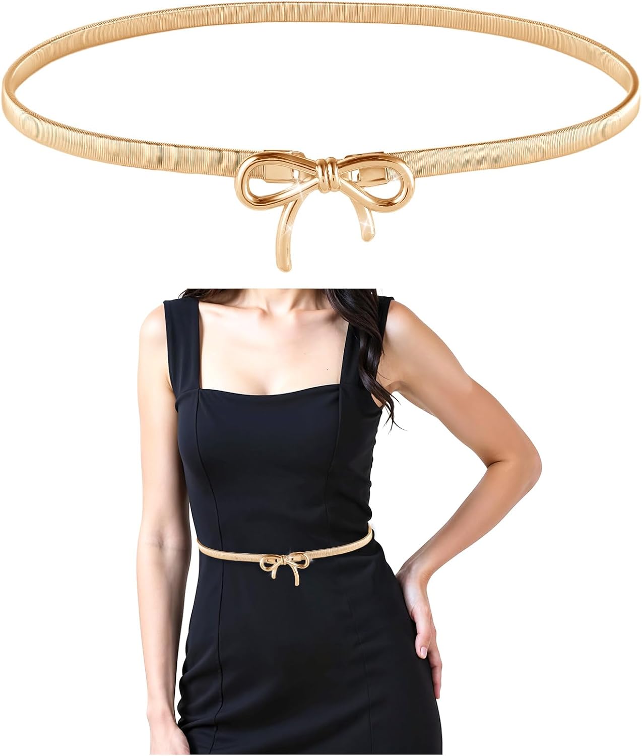 Skinny Metal Waist Belt for Women, Stretchy Belt Elastic Waistband Adjustable Chain Belt with Bowknot for Dress