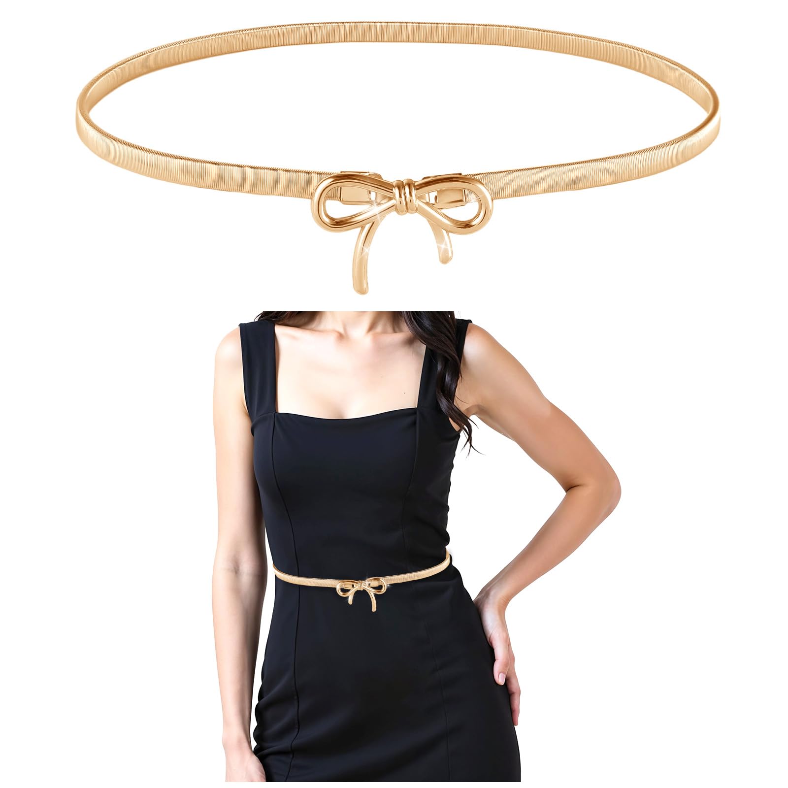 HJZHII Skinny Metal Waist Belt for Women, Stretchy Belt Elastic Waistband Adjustable Chain Belt with Bowknot for Dress
