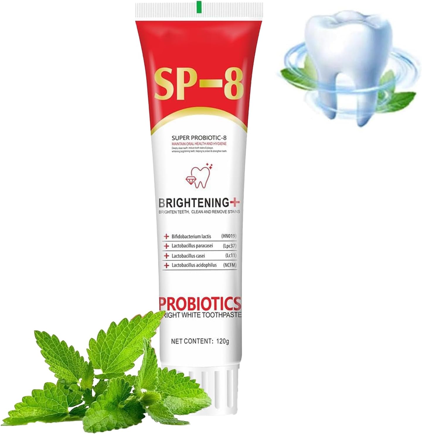 Generic SP-8 Ultra Whitening Toothpaste, Probiotics Bright White, Deep Cleaning Oral Care, Mint Flavor, 120G