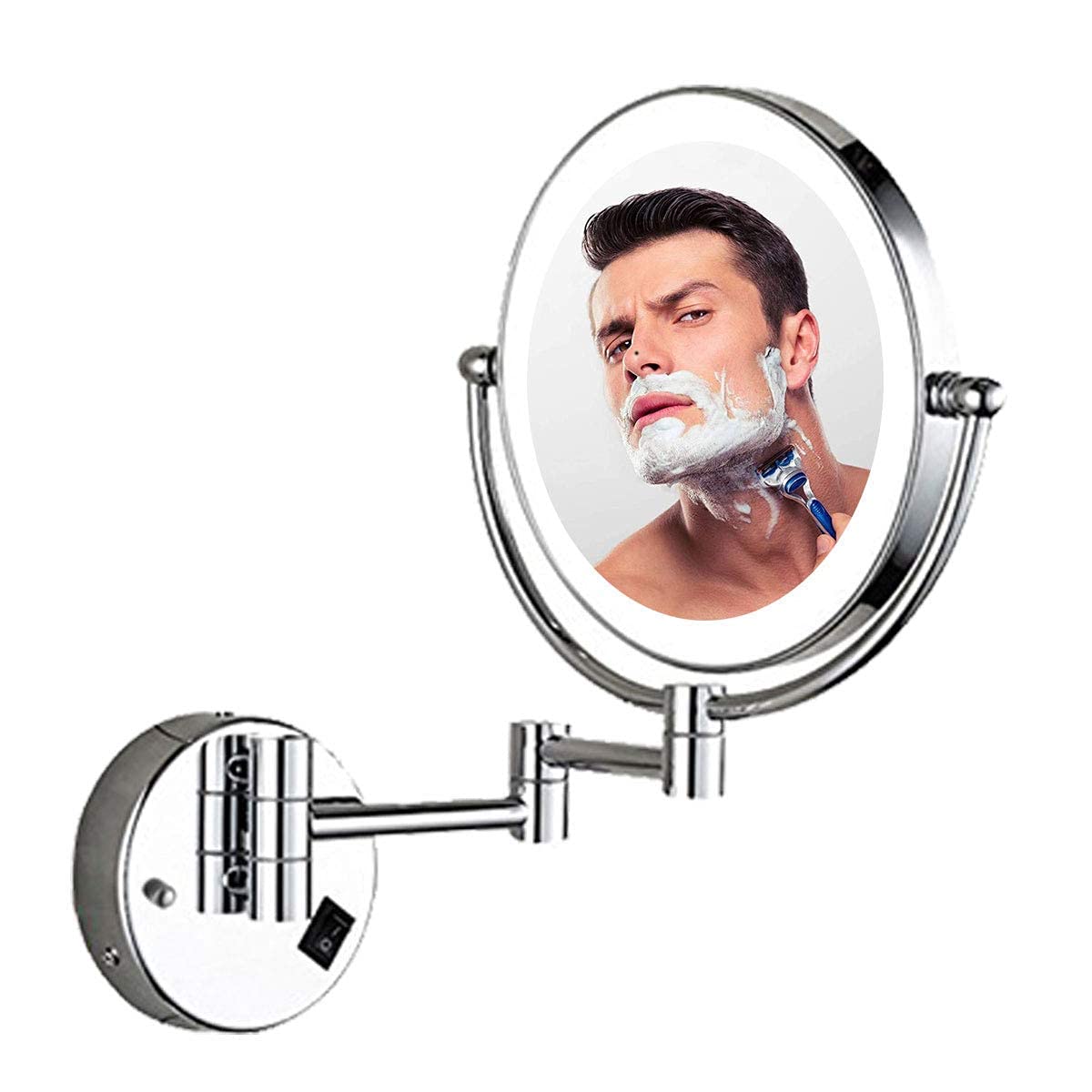 Miroir de salle de bain double face éclairant équipé d'un bras extensible métallique robuste