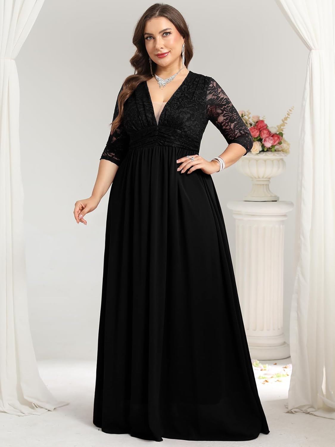 ZOMVA Plus Size Foraml Maxi Dress Deep V-Neck 3/4 Sleeve Lace Chiffon Wedding Dresses Cocktail Party Prom Evening Gown - Image 4