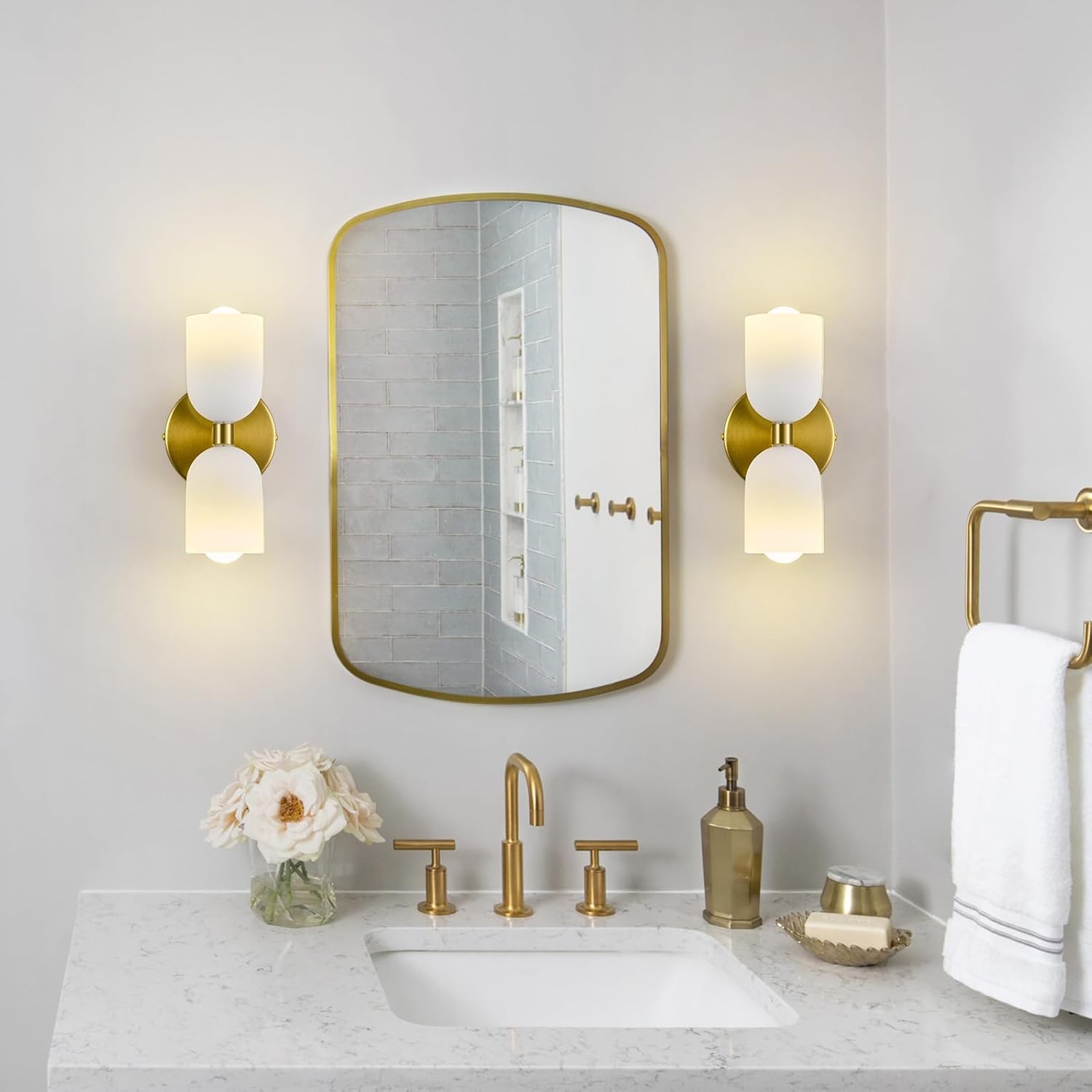 Gold Wall Sconces Set of Two Modern LED Bedside Reading Wall Light Fixture with Glass Wall Lamp for Bedroom Living Room Dining Room Reading Room Hallway(2-Light)