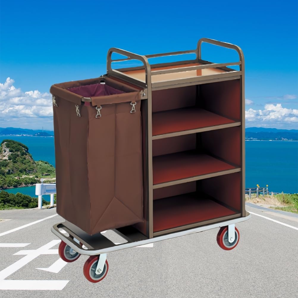 Carro de Limpieza, Carrito Comercial con 4 Ruedas y Compartimentos de Almacenamiento, para Limpieza de oficinas y hoteles, Resistente, Color marrón.