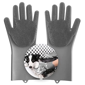 Aufew Magic Pet Grooming Gloves Dog Bathing Scrubber Gloves, Heat Resistant Eco-Friendly Silicone Hair Removal Gloves with High Density Teeth for Cats, Dogs, 2 Piece