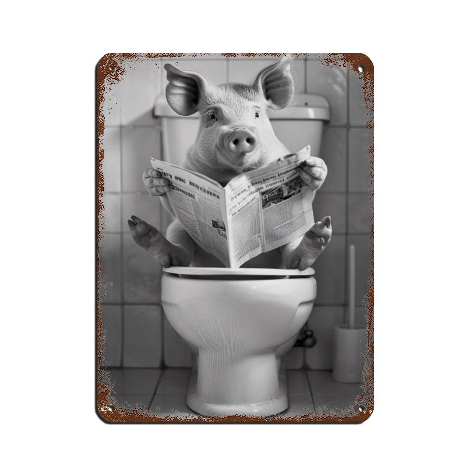 Pig Sitting on The Toilet Reading A Newspaper Retro Poster Metal Tin Sign Chic Art Retro Iron Painting Bar People Cave Cafe Family Garage Poster Wall Decoration 12x16inch(30x40cm)