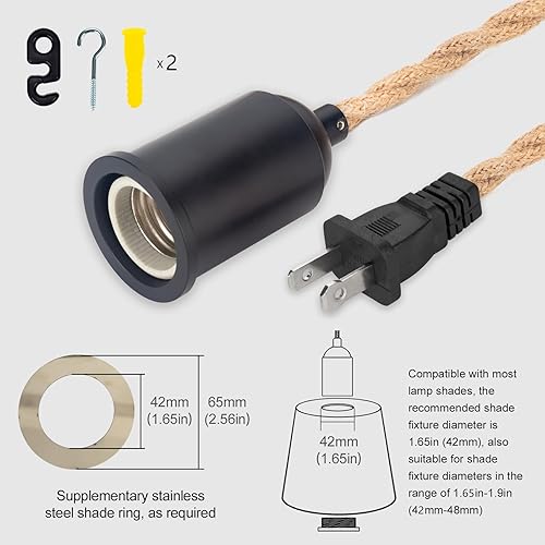 Miniatura 4 de Lámpara colgante con cable de enchufe, kit de lámpara vintage de cuerda de cáñamo, cables de linterna trenzados con interruptor de repuesto