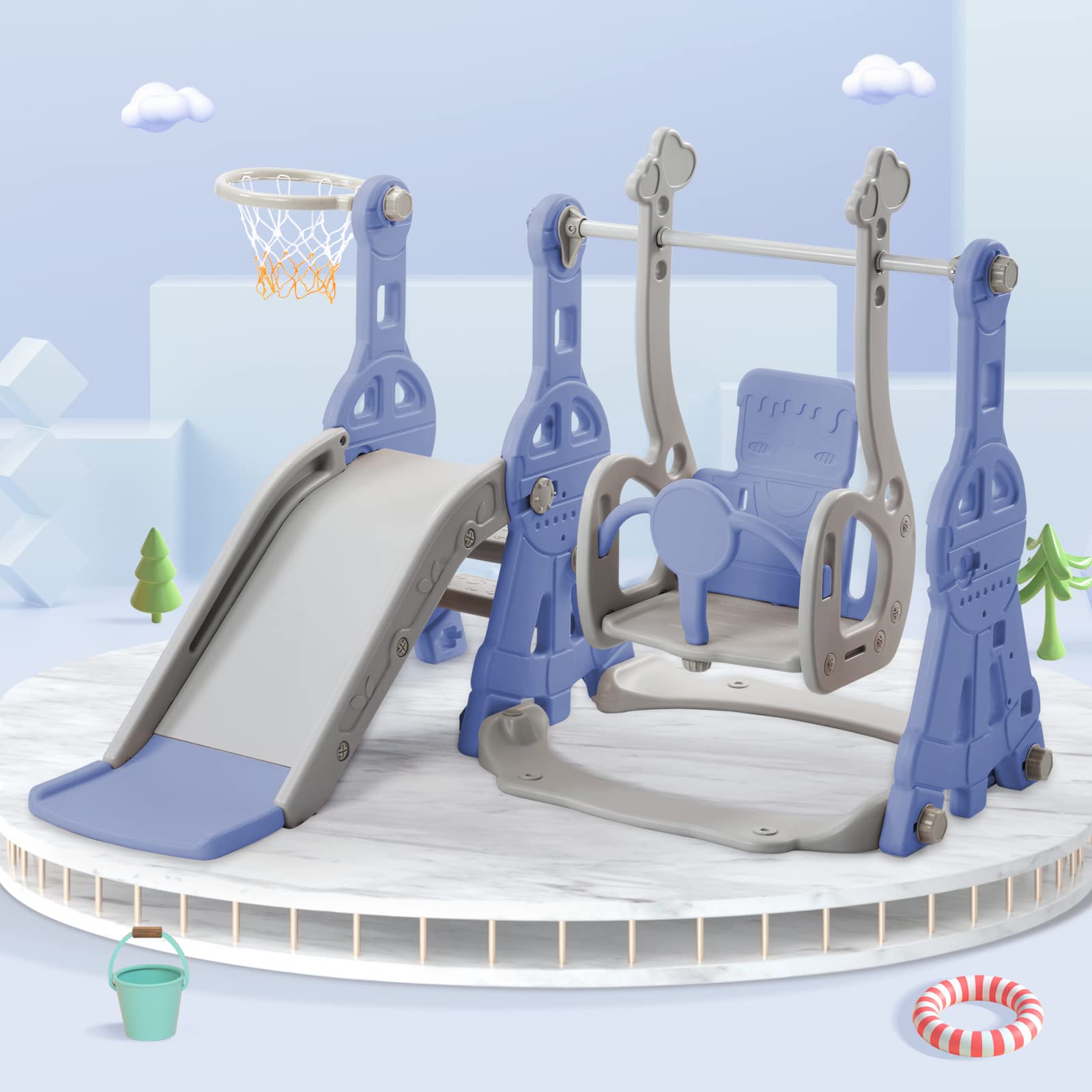 Kinderrutsche Outdoor 4-in-1,Multifunktionale Kinder Rutsche mit Schaukel,Basketballkorb und Kletterleiter,Freistehende Rutschen Für Kinder,Ideal für drinnen und draußen (Blau)